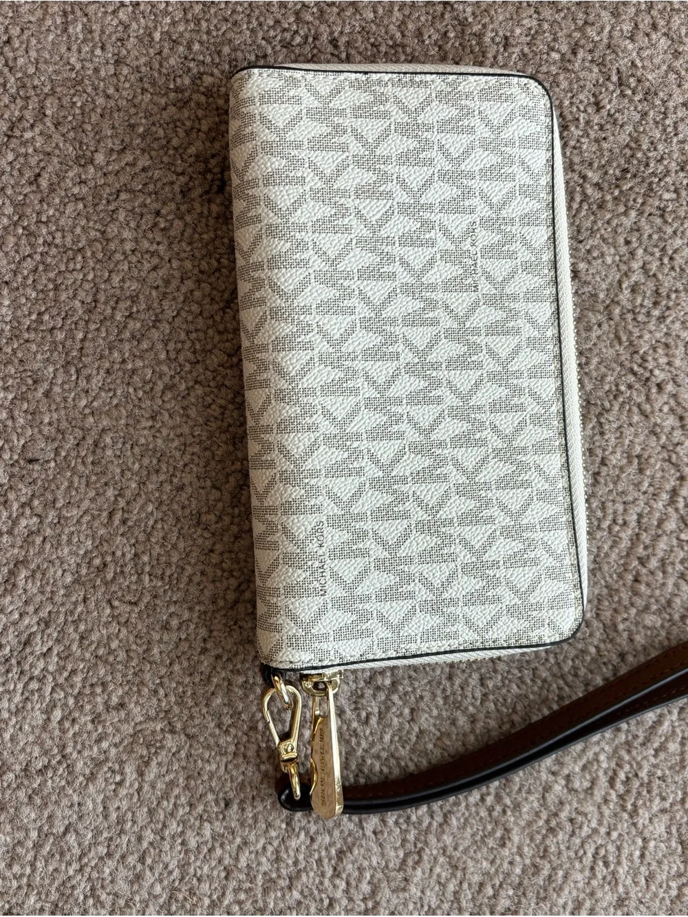 Michael Kors Cream Logo Satchel with Brown Trim and Matching Wallet